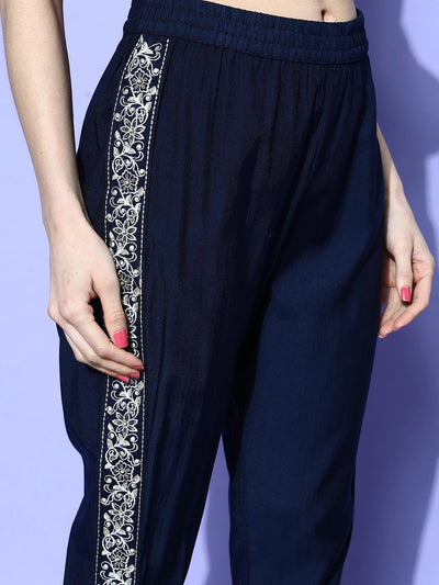 Navy Blue Embellished Silk Blend Tunic With Trousers - Libas