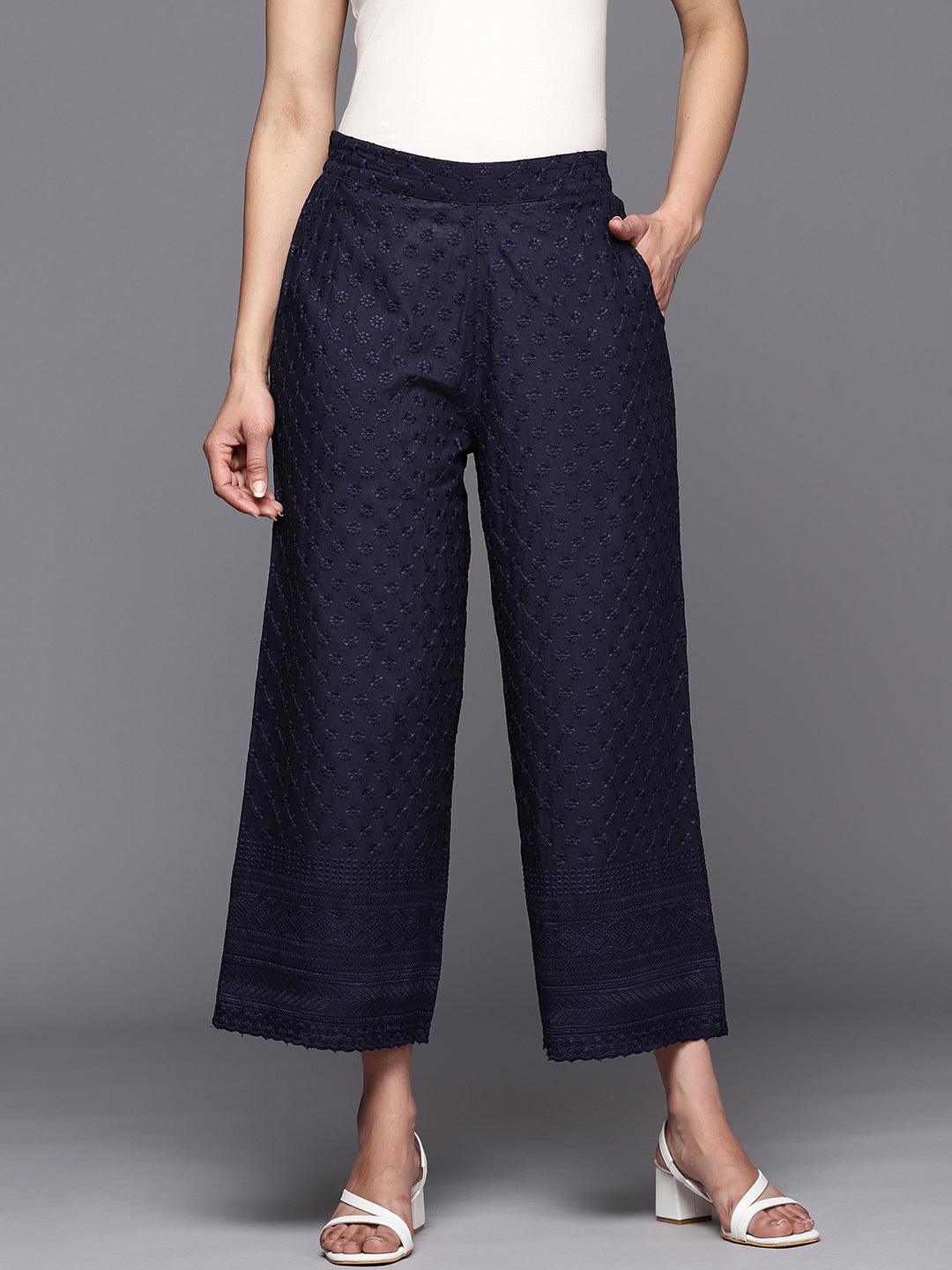 Navy Blue Embroidered Cotton Palazzos