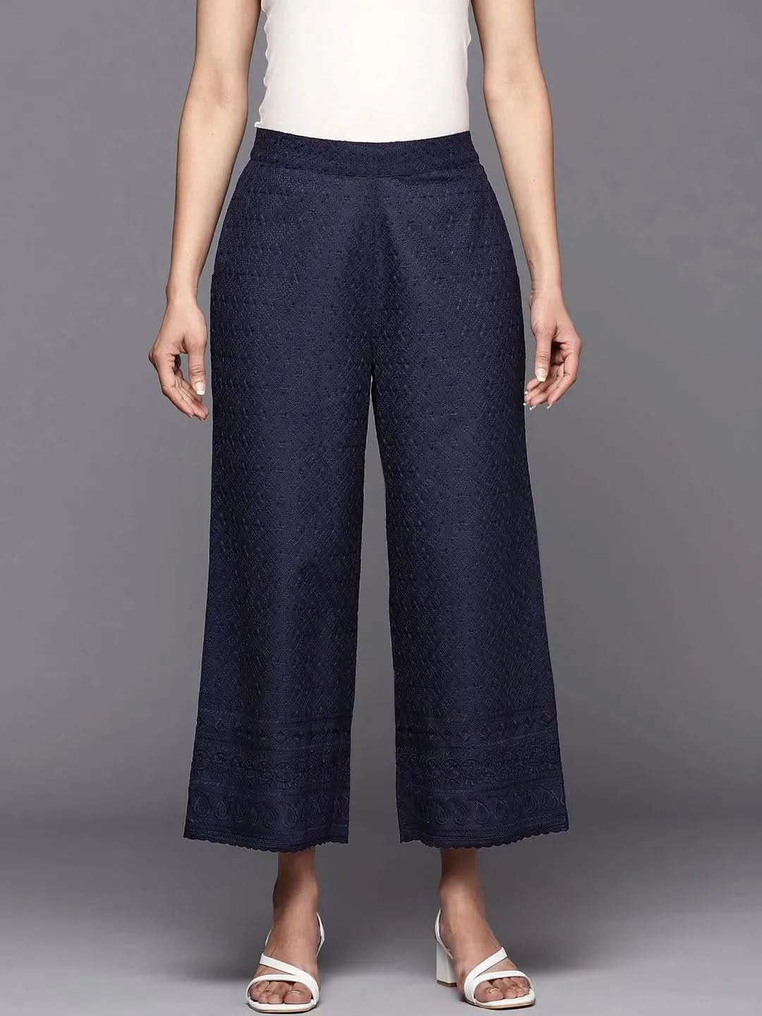 

Navy Blue Embroidered Cotton Palazzos