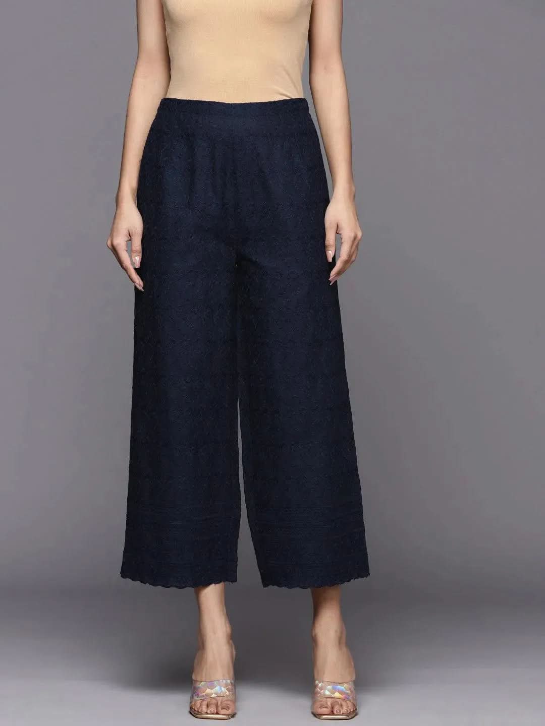

Navy Blue Embroidered Cotton Palazzos