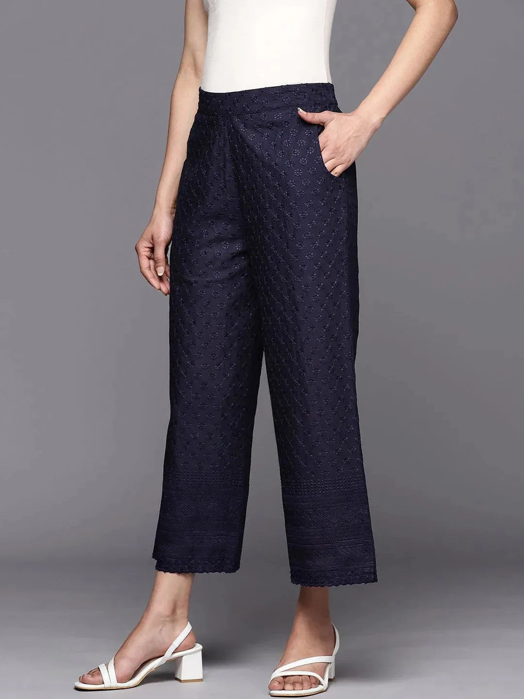 Navy Blue Embroidered Cotton Palazzos - Libas 