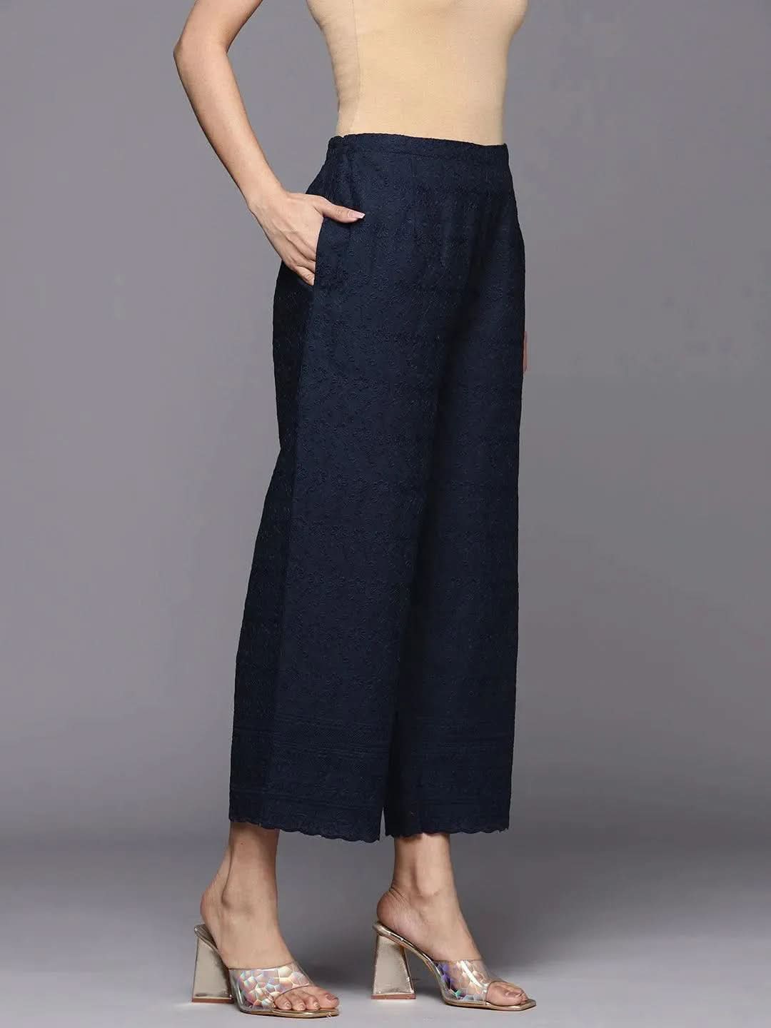 Navy Blue Embroidered Cotton Palazzos - Libas 
