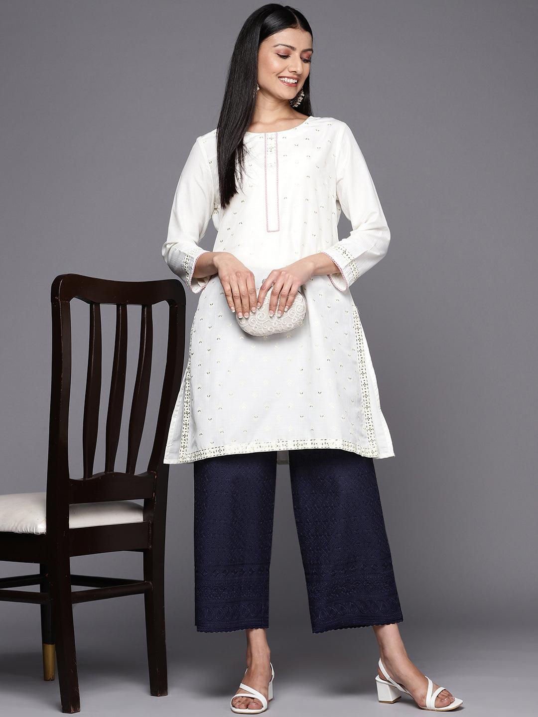 Navy Blue Embroidered Cotton Palazzos - Libas