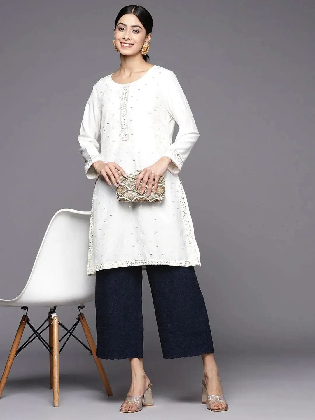 Navy Blue Embroidered Cotton Palazzos - Libas 
