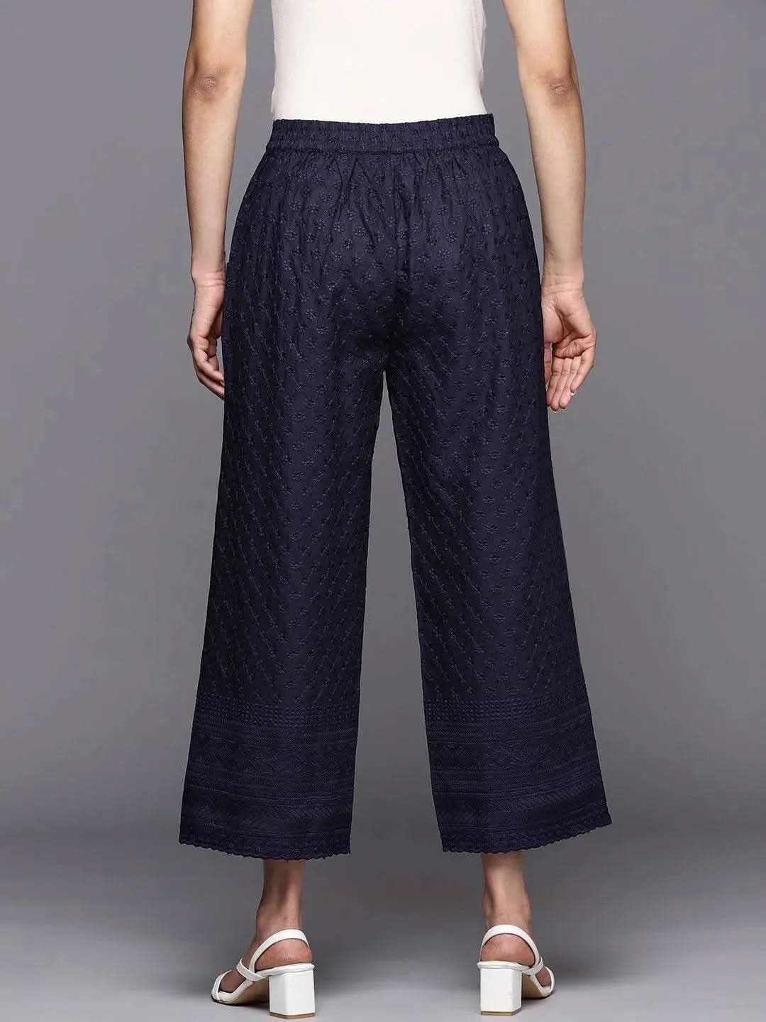 

Navy Blue Embroidered Cotton Palazzos