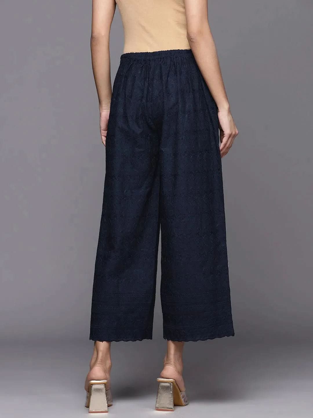Navy Blue Embroidered Cotton Palazzos - Libas 