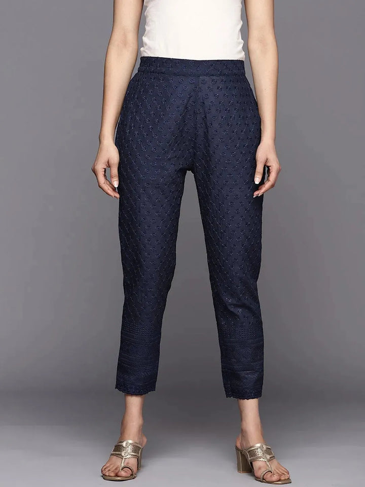 Navy Blue Embroidered Cotton Trousers - Libas