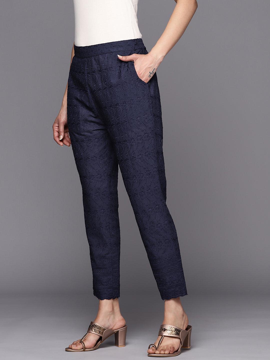 Navy Blue Embroidered Cotton Trousers - Libas