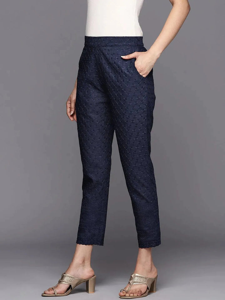 Navy Blue Embroidered Cotton Trousers - Libas