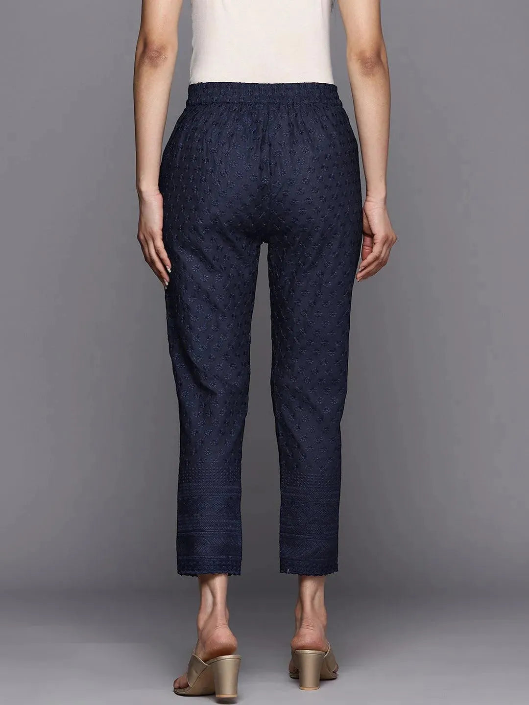 Navy Blue Embroidered Cotton Trousers - Libas 