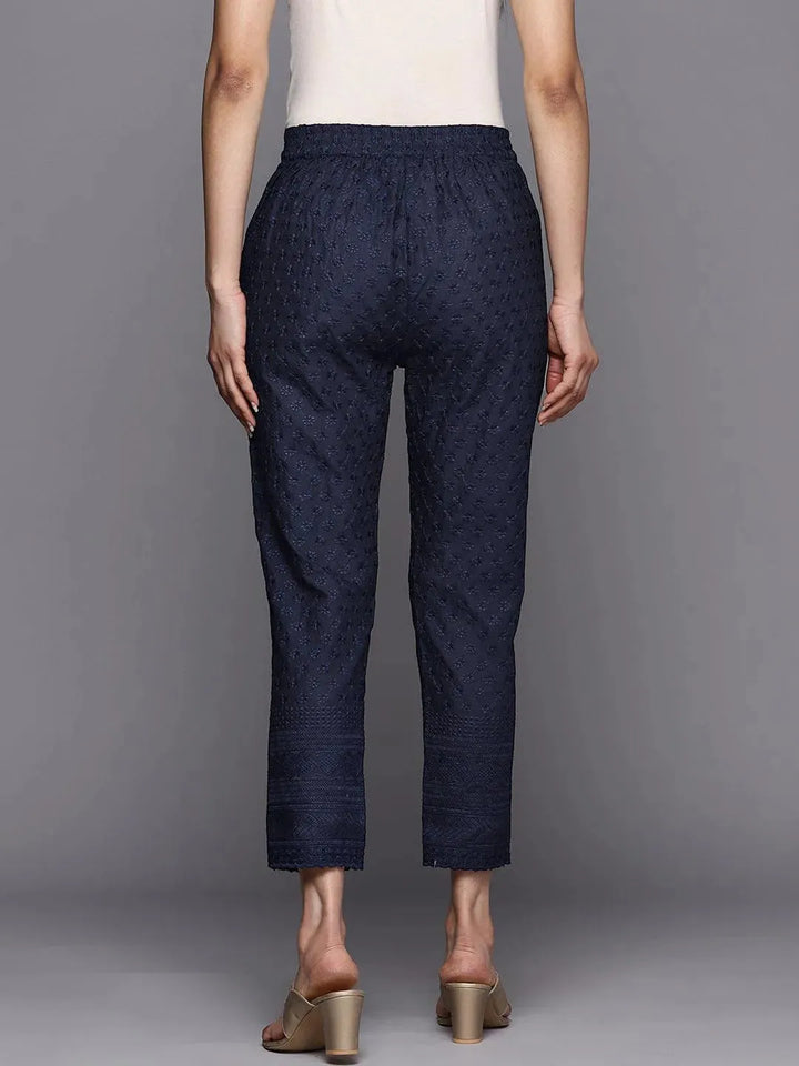 Navy Blue Embroidered Cotton Trousers - Libas