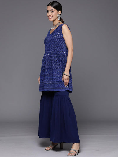 Navy Blue Embroidered Georgette A-Line Suit Set With Sharara - Libas