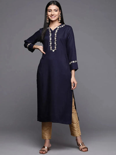 Navy Blue Embroidered Pashmina Wool Straight Kurta - Libas