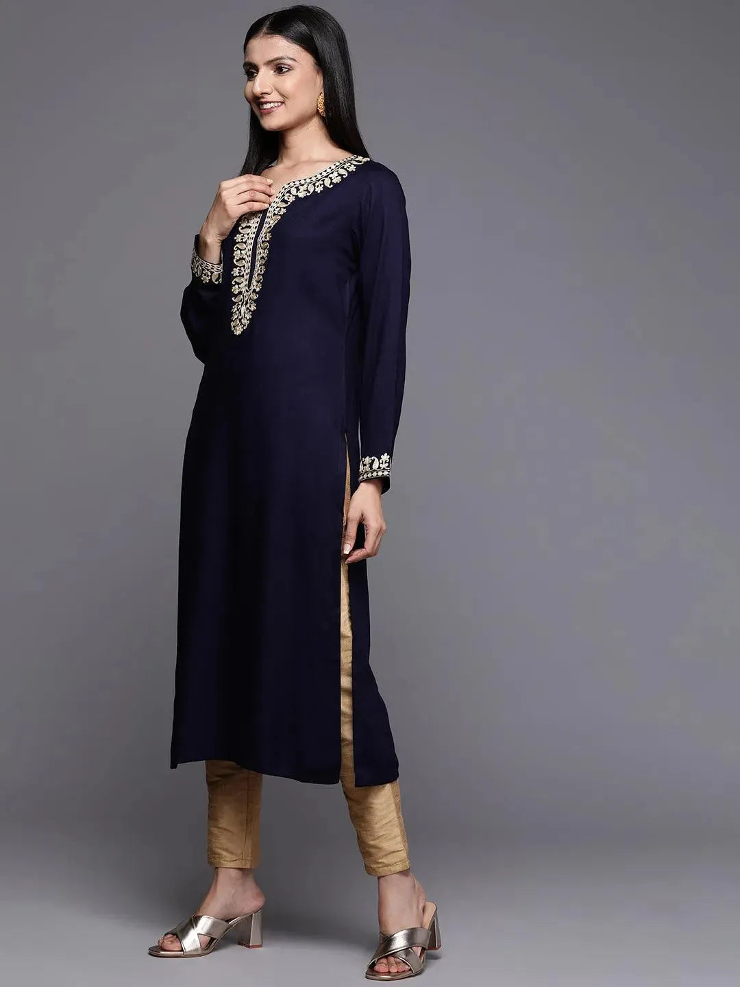 Navy Blue Embroidered Pashmina Wool Straight Kurta - Libas 