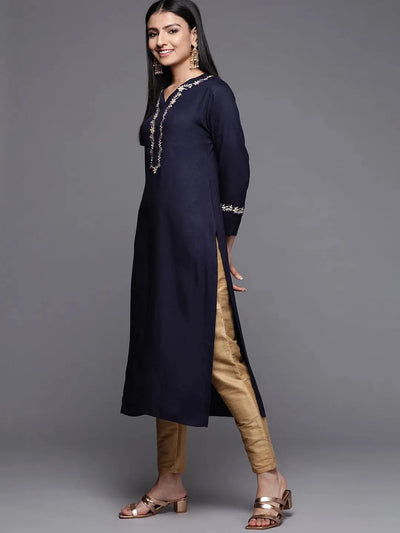 Navy Blue Embroidered Pashmina Wool Straight Kurta - Libas