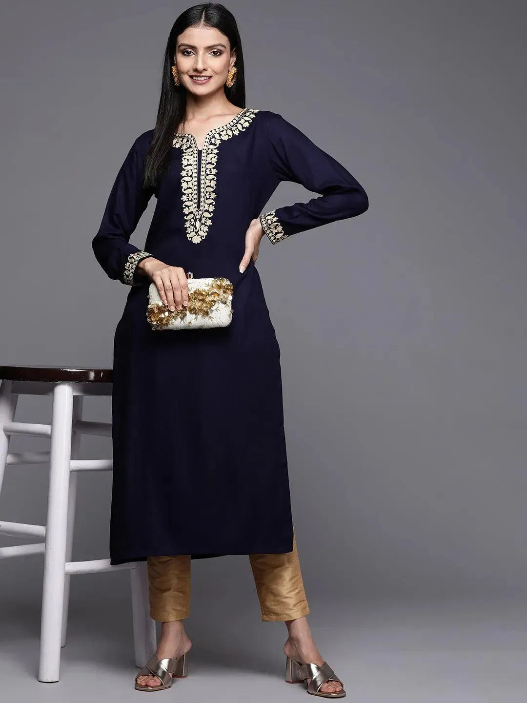 Navy Blue Embroidered Pashmina Wool Straight Kurta - Libas 