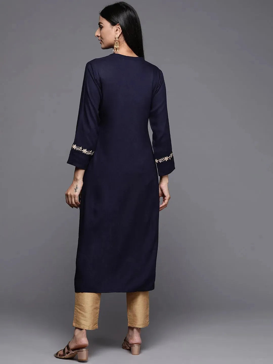 Navy Blue Embroidered Pashmina Wool Straight Kurta - Libas