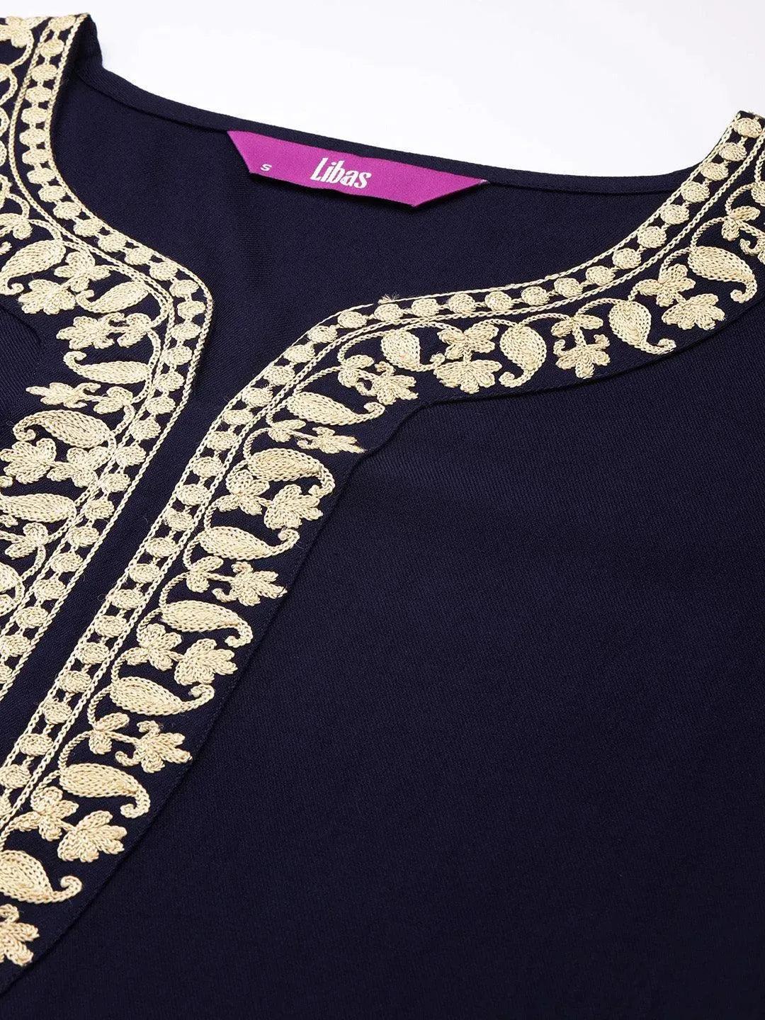 Navy Blue Embroidered Pashmina Wool Straight Kurta - Libas