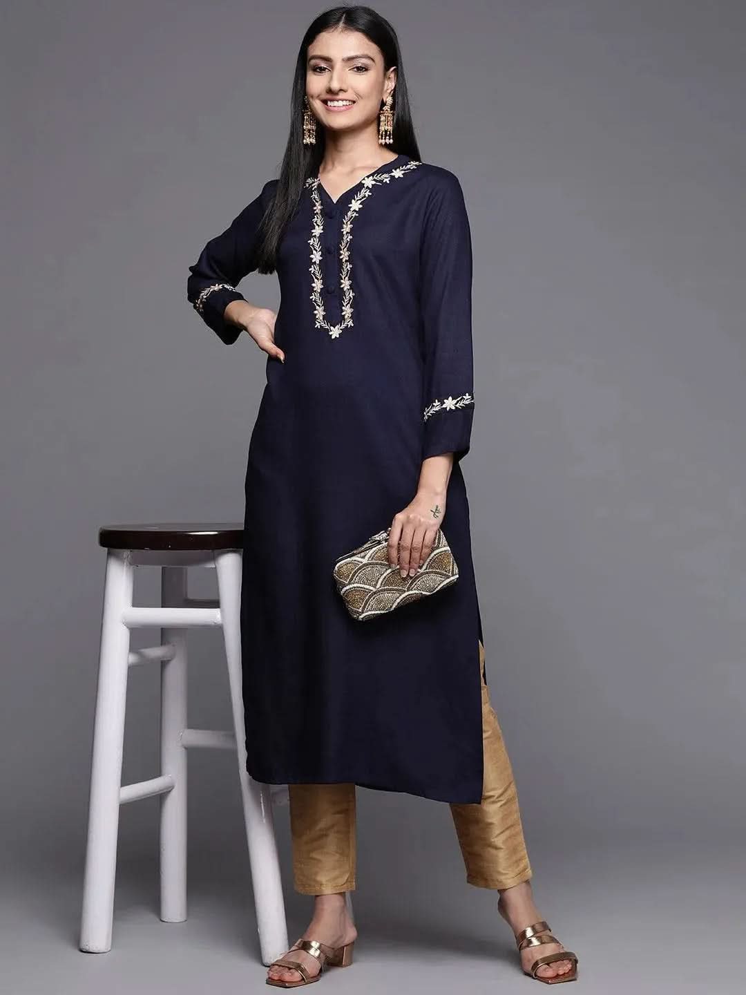 

Navy Blue Embroidered Pashmina Wool Straight Kurta