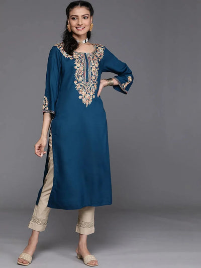 Navy Blue Embroidered Rayon Kurta - Libas