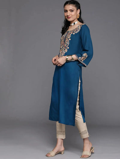 Navy Blue Embroidered Rayon Kurta - Libas