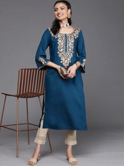 Navy Blue Embroidered Rayon Kurta - Libas