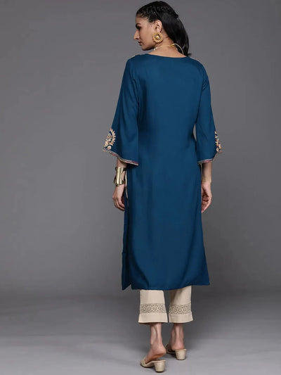 Navy Blue Embroidered Rayon Kurta - Libas