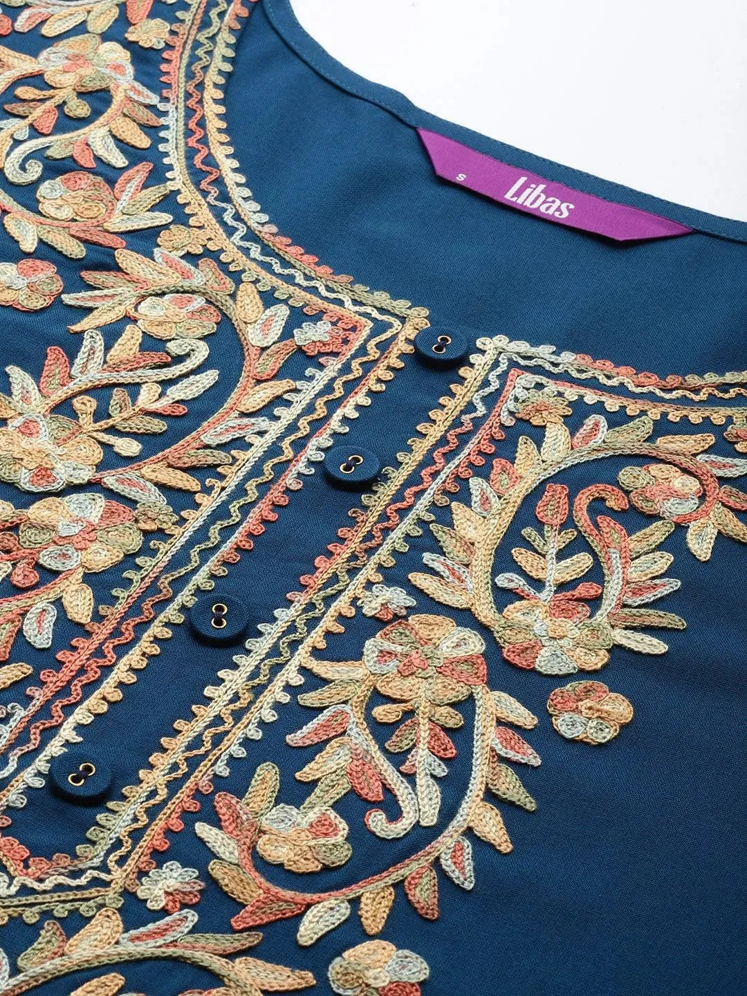 Navy Blue Embroidered Rayon Kurta - Libas