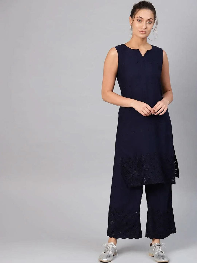Libas Navy Blue Embroidered Rayon Straight Kurta With Palazzos