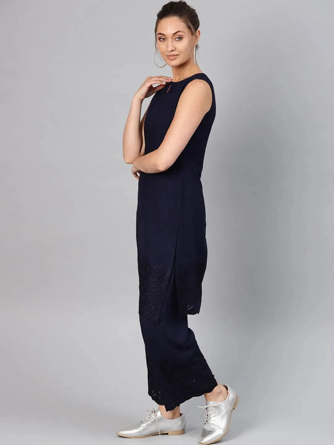 

Navy Blue Embroidered Rayon Straight Kurta With Palazzos