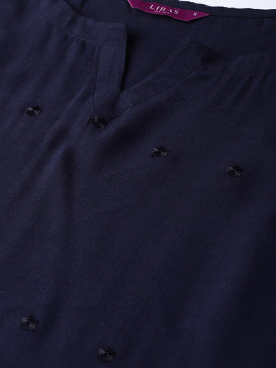 Navy Blue Embroidered Rayon Kurta Set - Libas