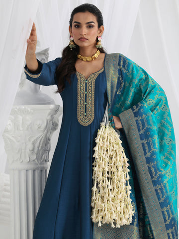 Navy Blue Embroidered Silk A-Line Gown With Dupatta
