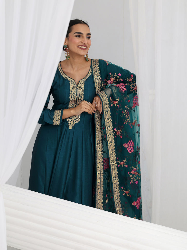 Libas Navy Blue Embroidered Silk A-Line Gown With Dupatta