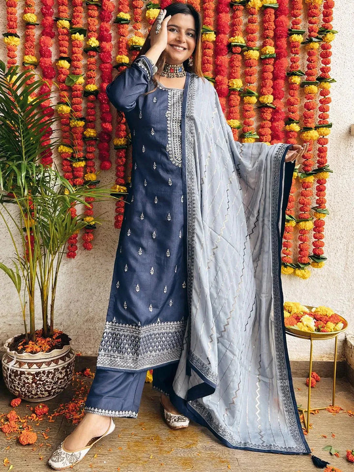 Navy Blue Embroidered Silk Blend Straight Suit Set - Libas