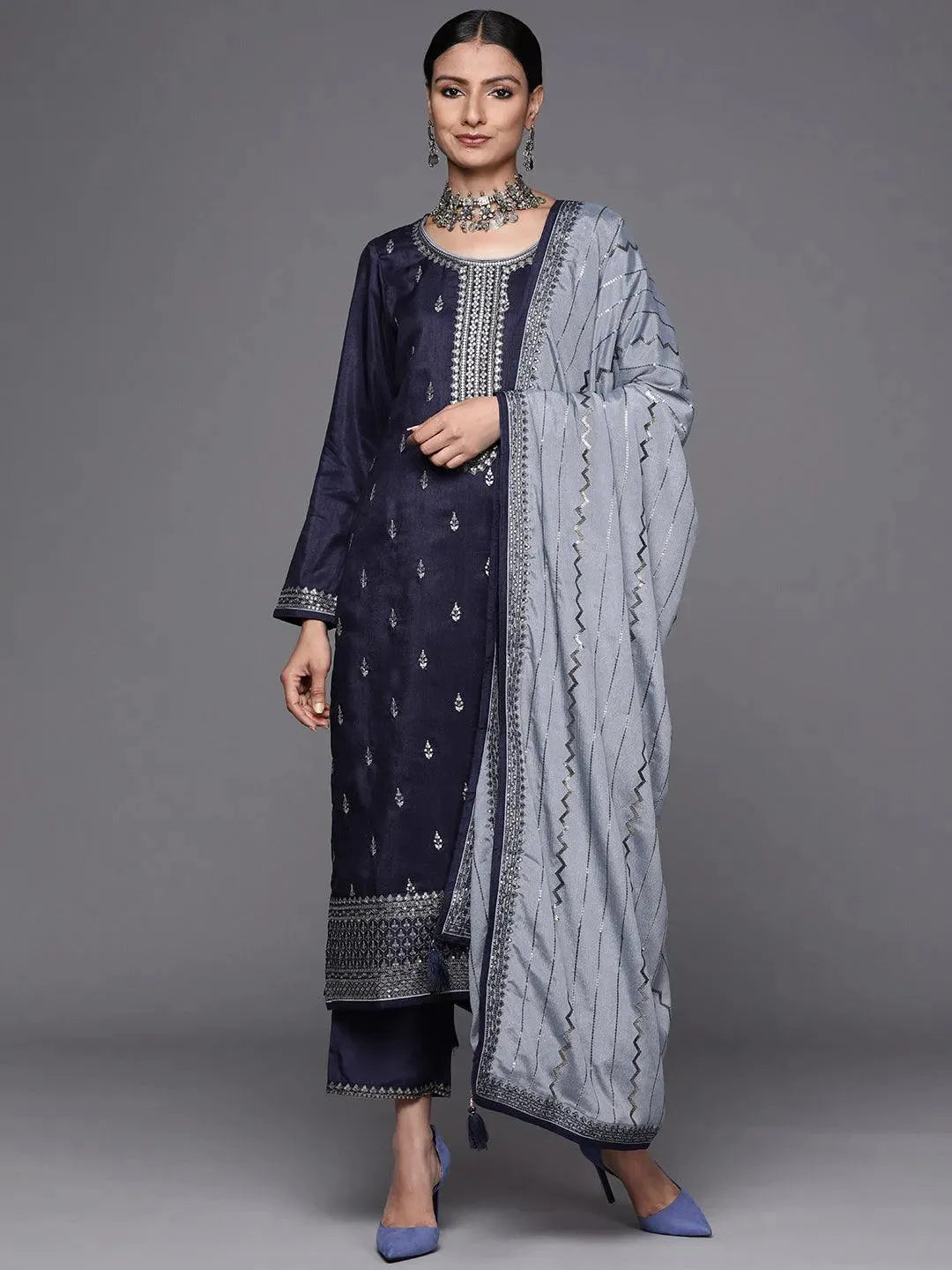 Navy Blue Embroidered Silk Blend Straight Suit Set - Libas 