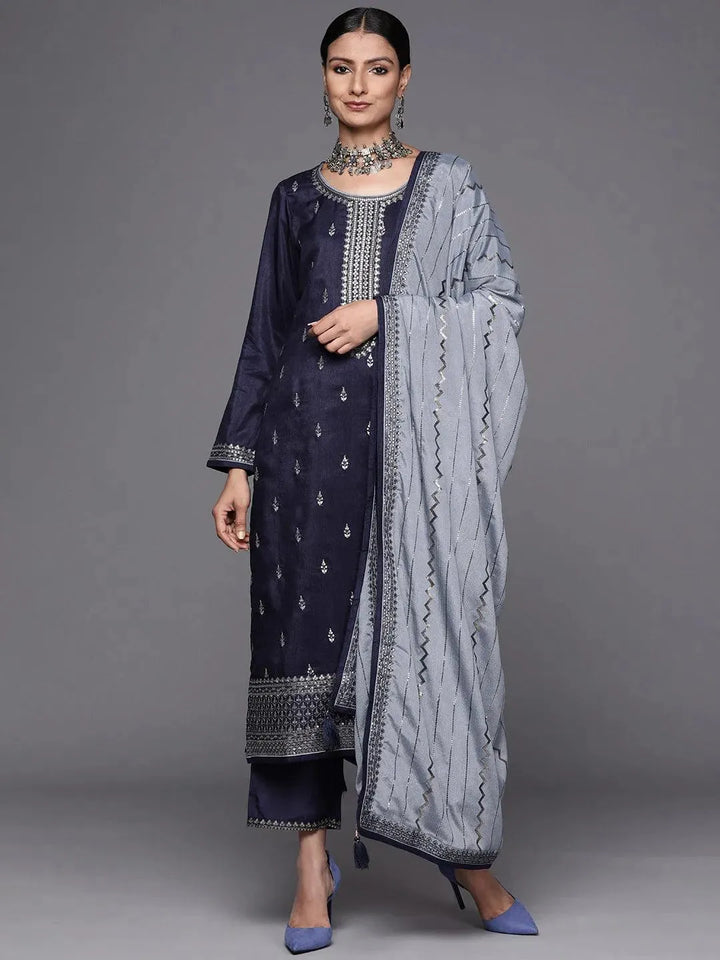 Navy Blue Embroidered Silk Blend Straight Suit Set - Libas