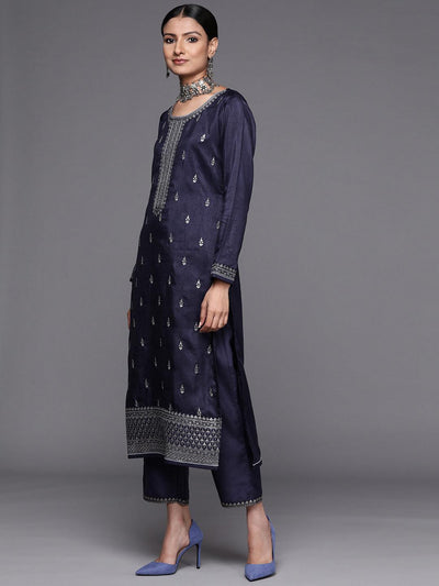 Navy Blue Embroidered Silk Blend Straight Suit Set - Libas
