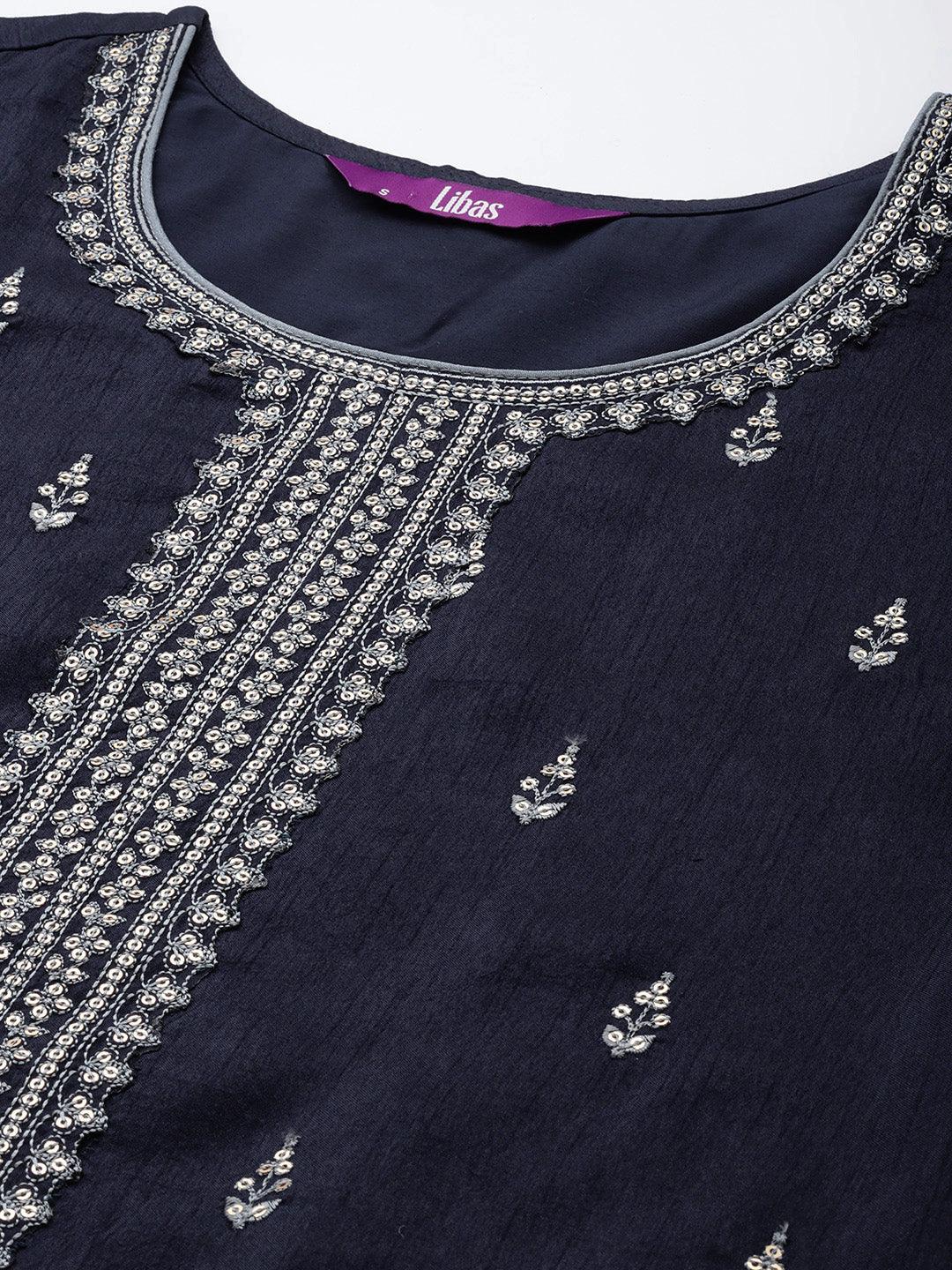 Navy Blue Embroidered Silk Blend Straight Suit Set - Libas