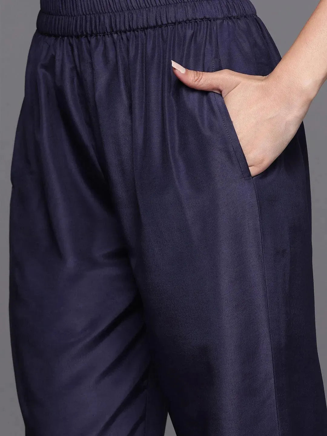Navy Blue Embroidered Silk Blend Straight Suit Set - Libas 