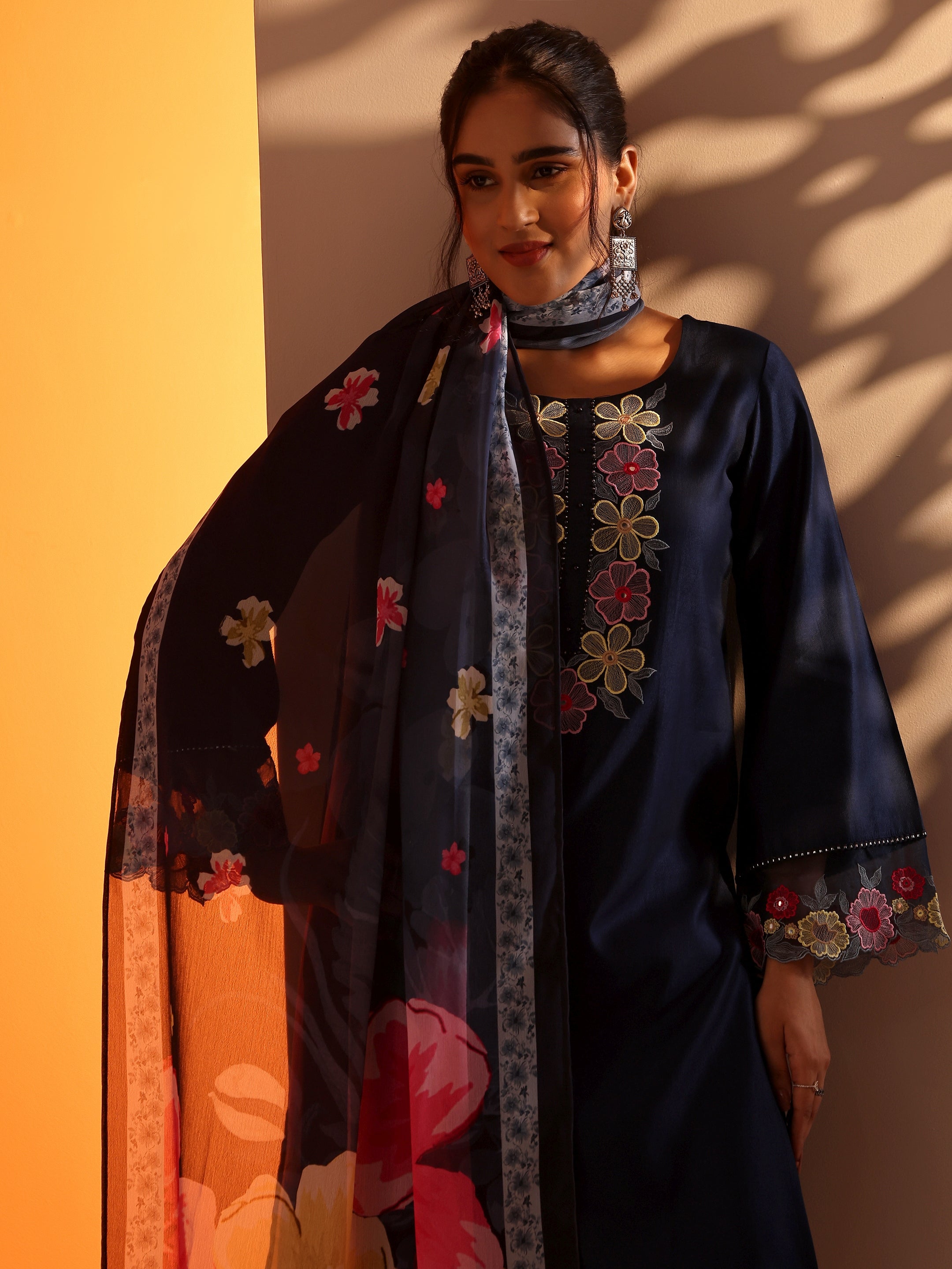 libas Navy Blue Embroidered Silk Blend Straight Suit Set With Dupatta-picture-35