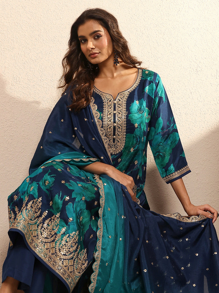 Libas Navy Blue Embroidered Silk blend Straight Suit Set With Dupatta
