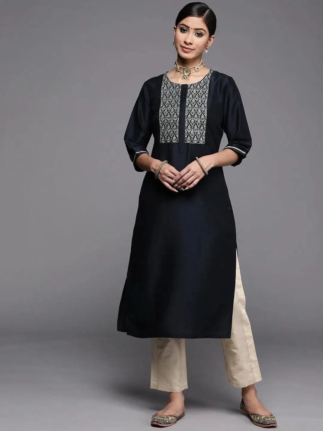 libas Navy Blue Embroidered Silk Kurta-picture-34
