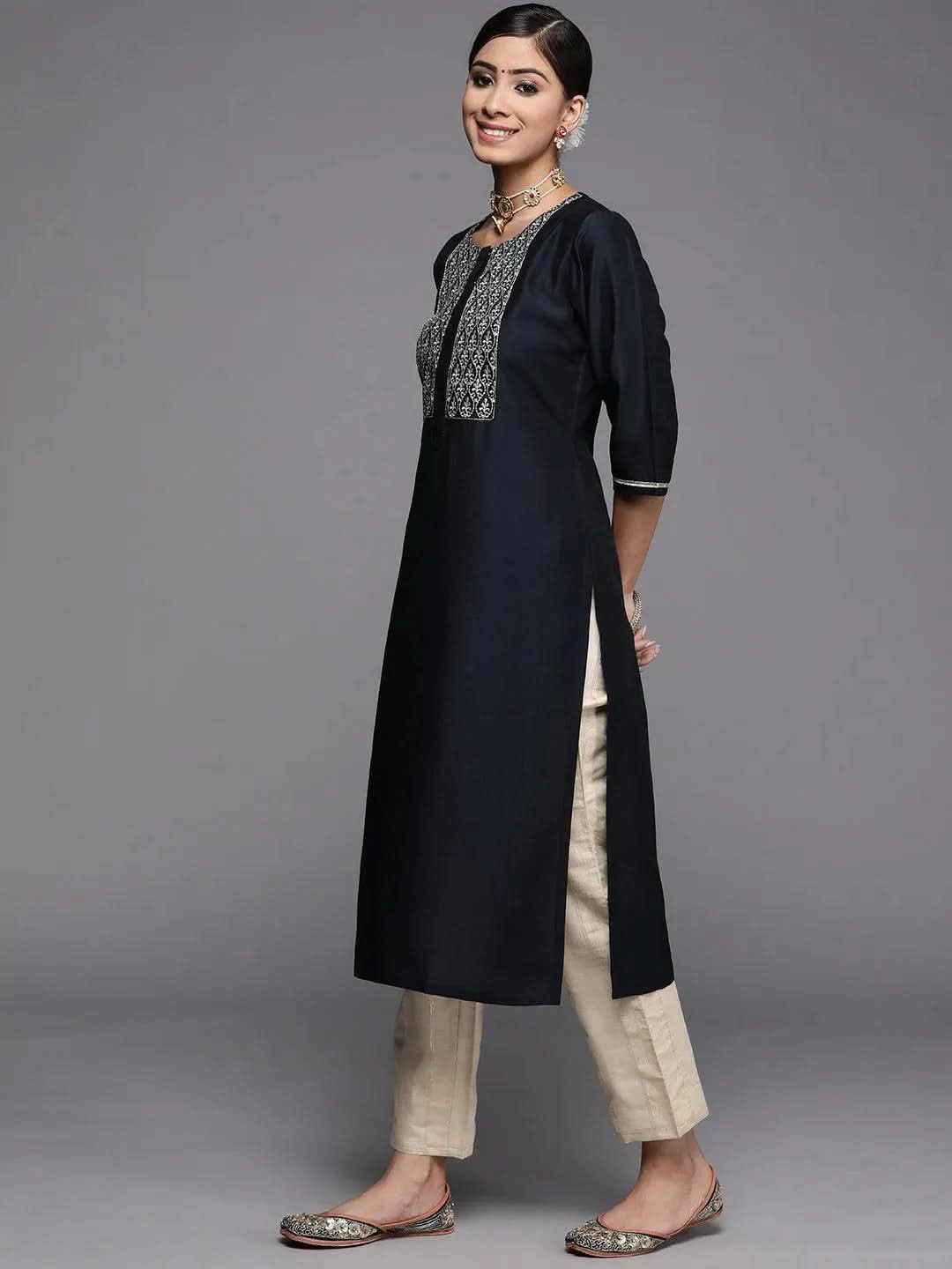 

Navy Blue Embroidered Silk Kurta
