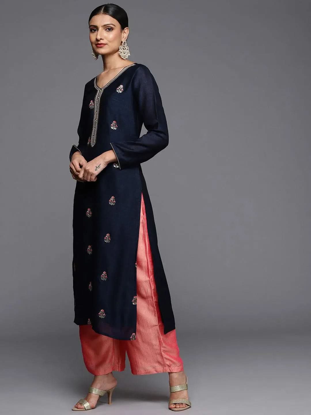 Navy Blue Embroidered Silk Straight Kurta - Libas 