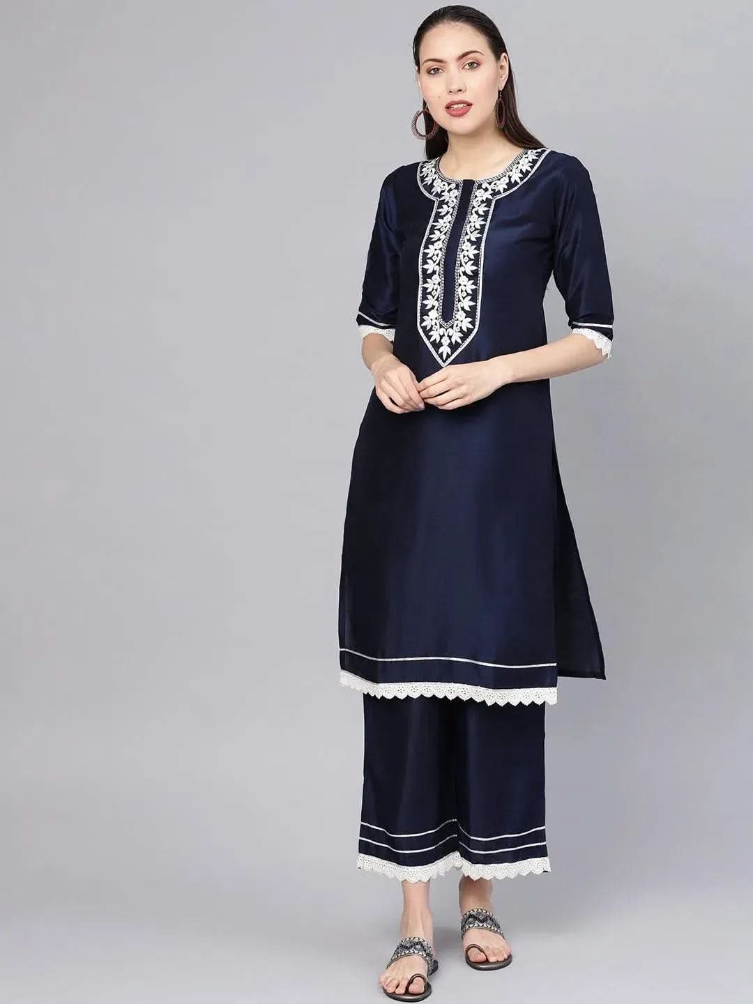 Navy Blue Embroidered Silk Kurta Set - Libas 