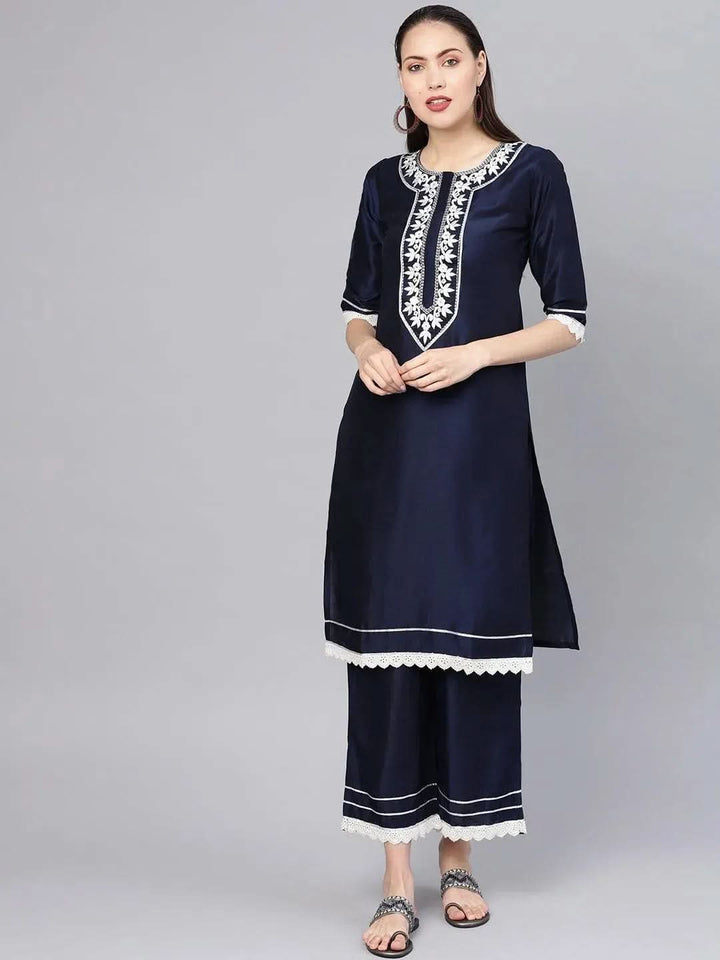 Navy Blue Embroidered Silk Kurta Set - Libas