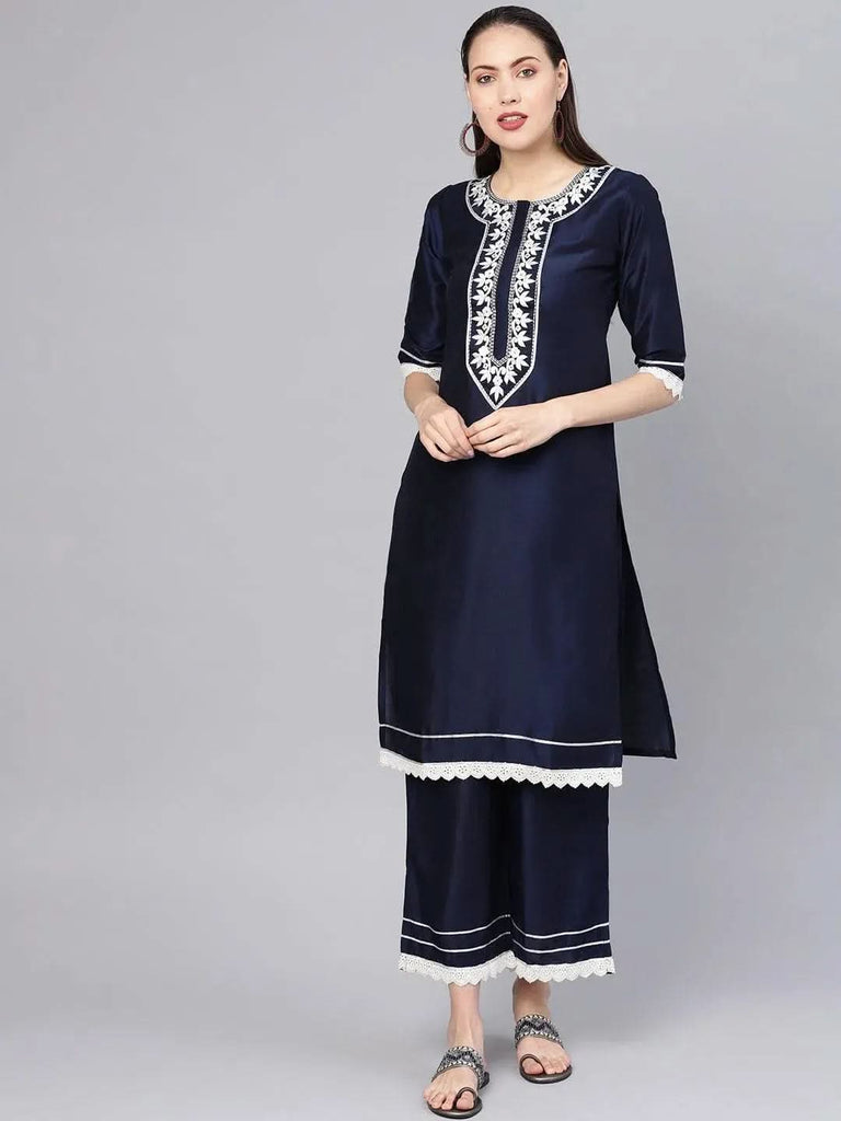 Libas Navy Blue Embroidered Silk Straight Kurta With Palazzos