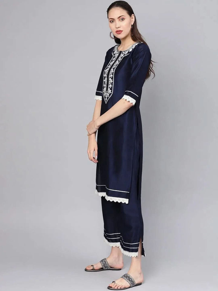Navy Blue Embroidered Silk Kurta Set - Libas