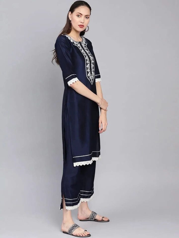 Navy Blue Embroidered Silk Kurta Set - Libas