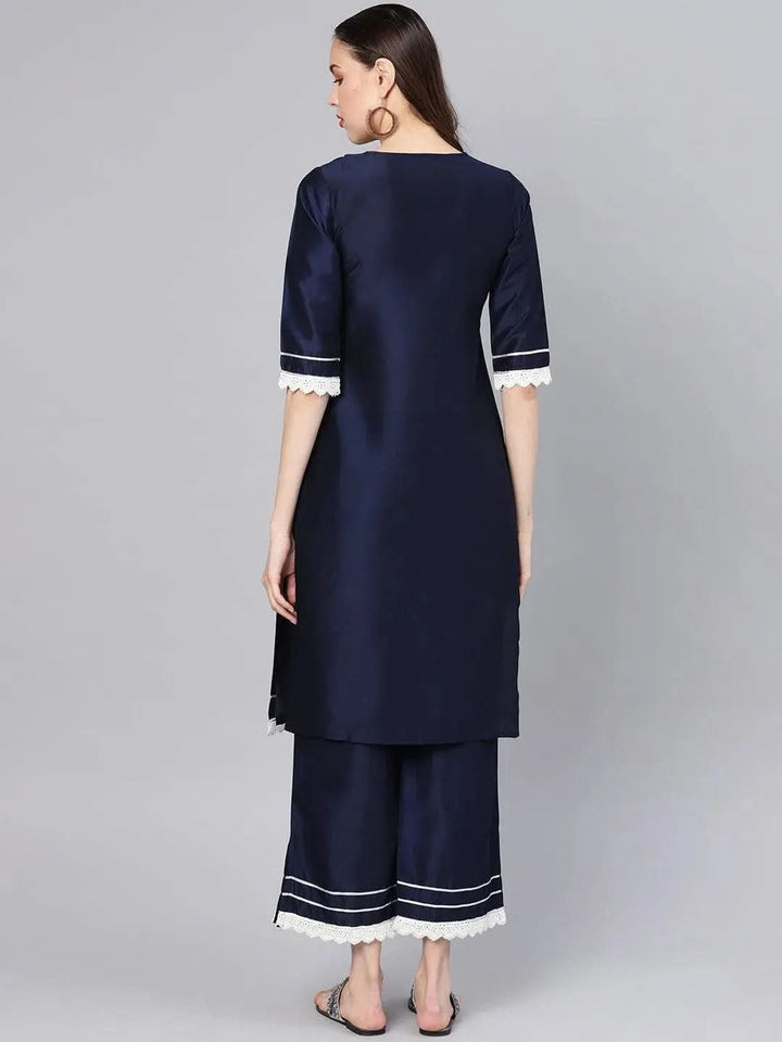 Navy Blue Embroidered Silk Kurta Set - Libas